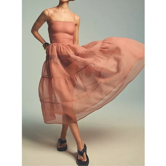 Free People x OhSevenDays Tiered Sheer Mini Dress XS Light Sand Organza Smocked - Picture 11 of 12